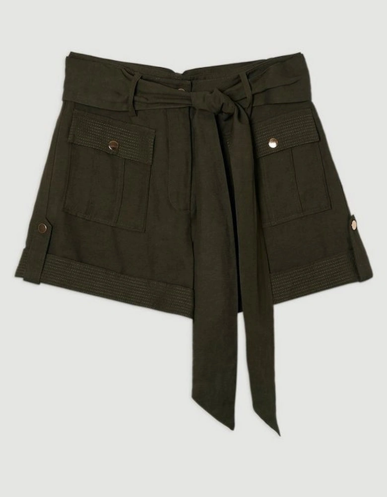 Linen Twill Top Stitch Belted Woven Short