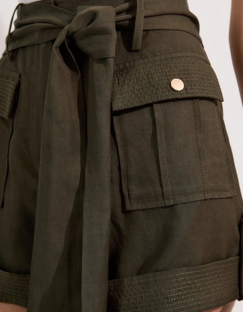 Linen Twill Top Stitch Belted Woven Short