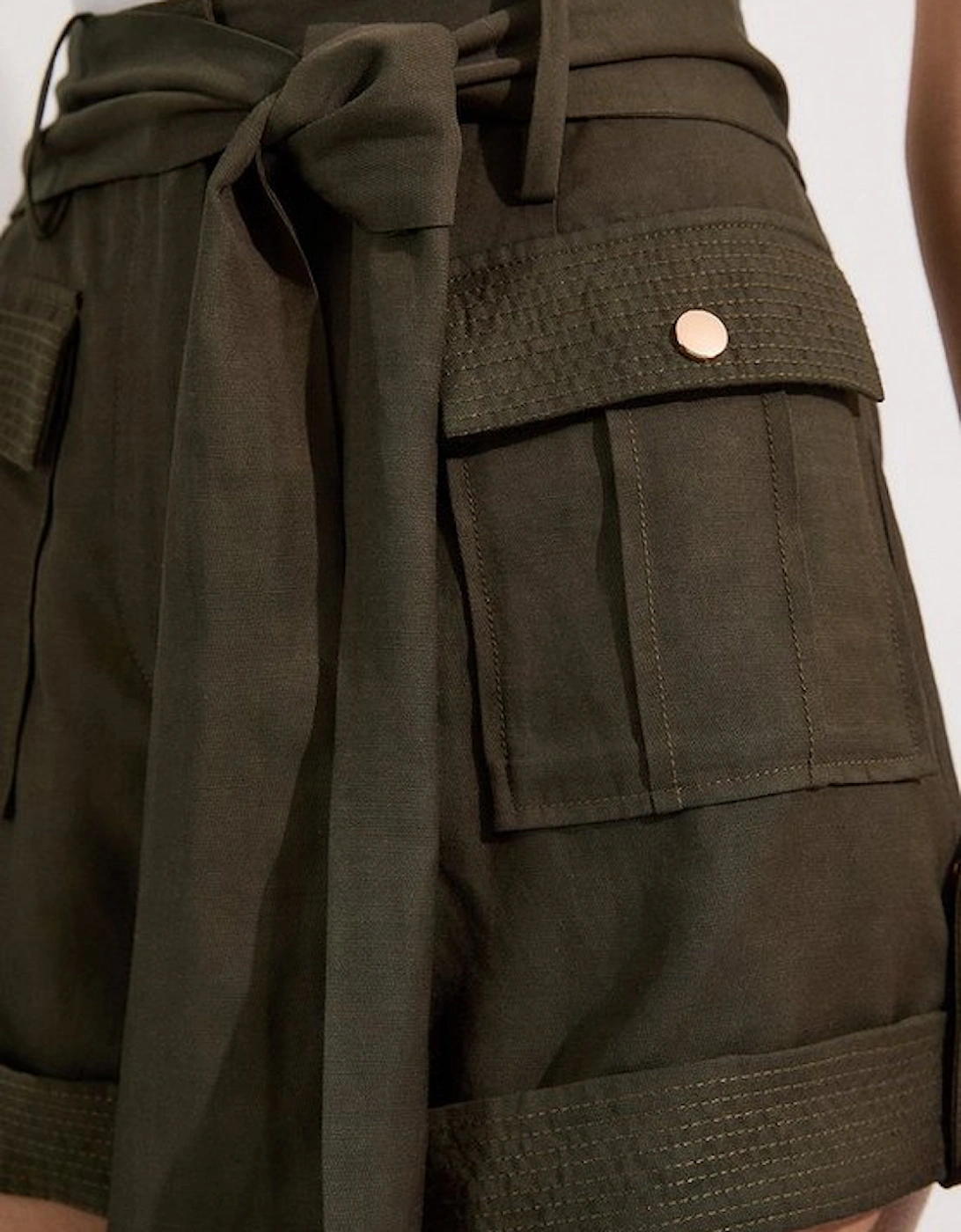 Linen Twill Top Stitch Belted Woven Short