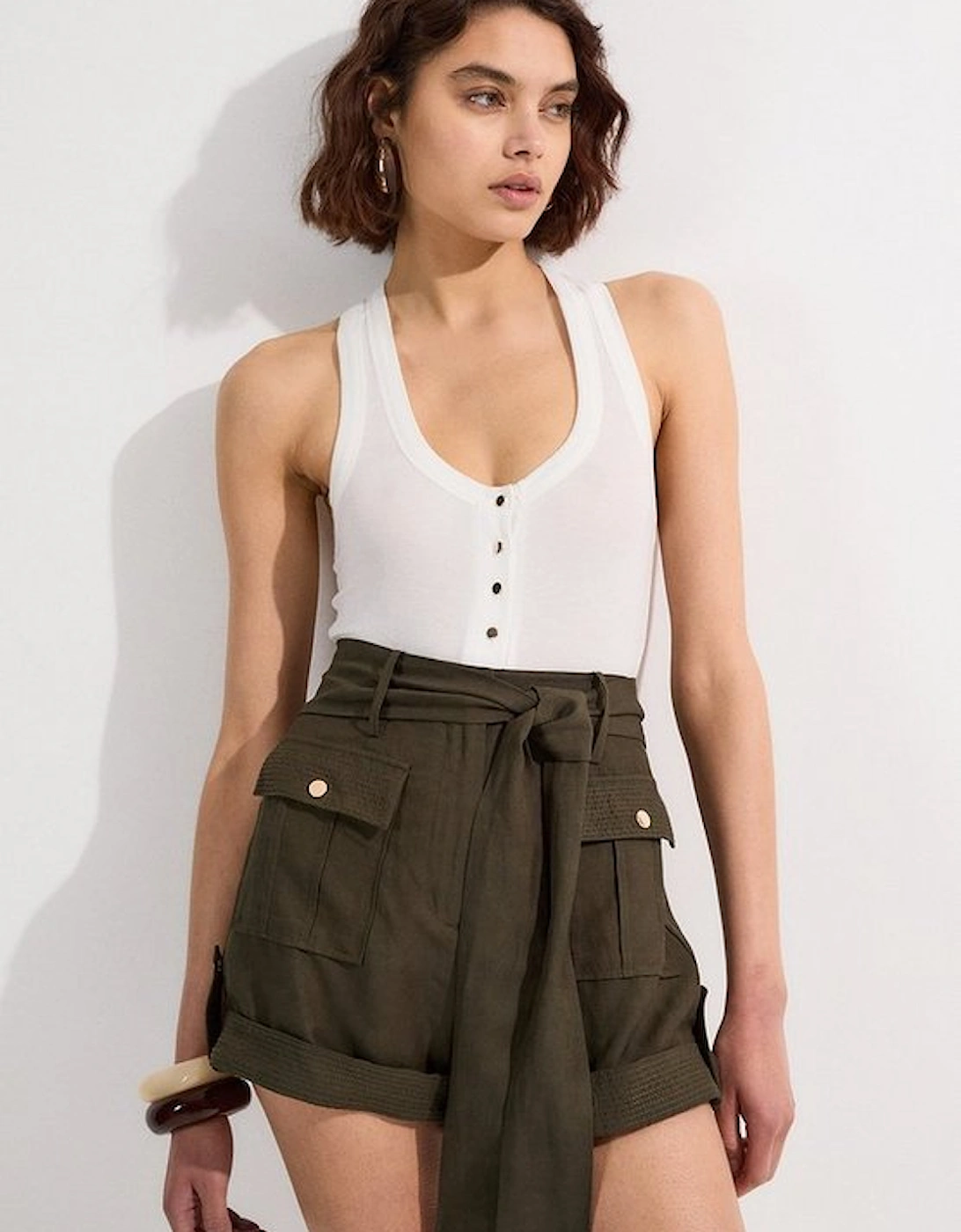 Linen Twill Top Stitch Belted Woven Short, 5 of 4