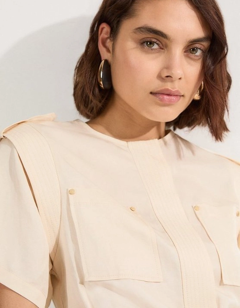 Linen Twill Top Stitch Belted Top With Gold Studs