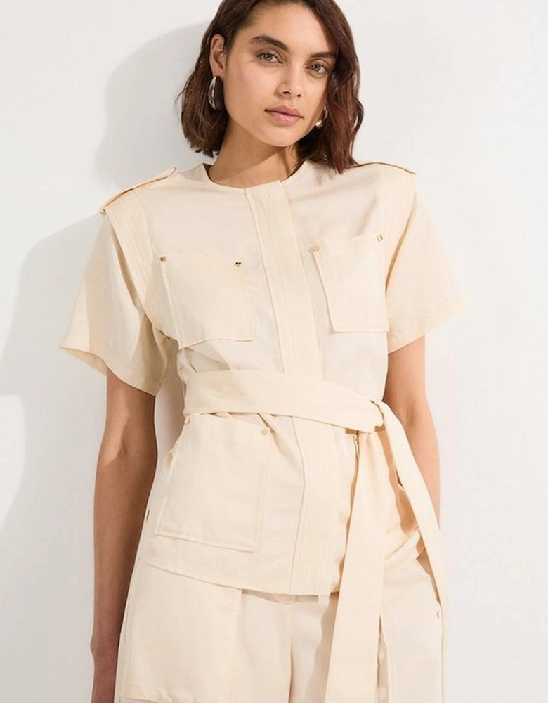 Linen Twill Top Stitch Belted Top With Gold Studs