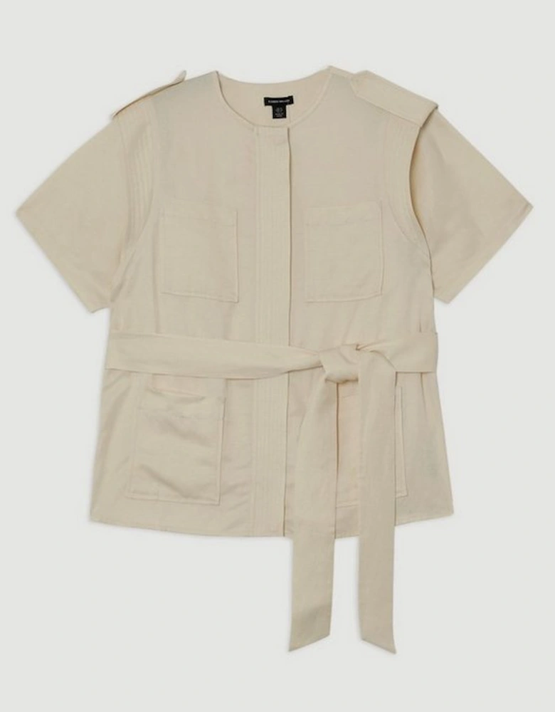 Linen Twill Top Stitch Belted Top With Gold Studs