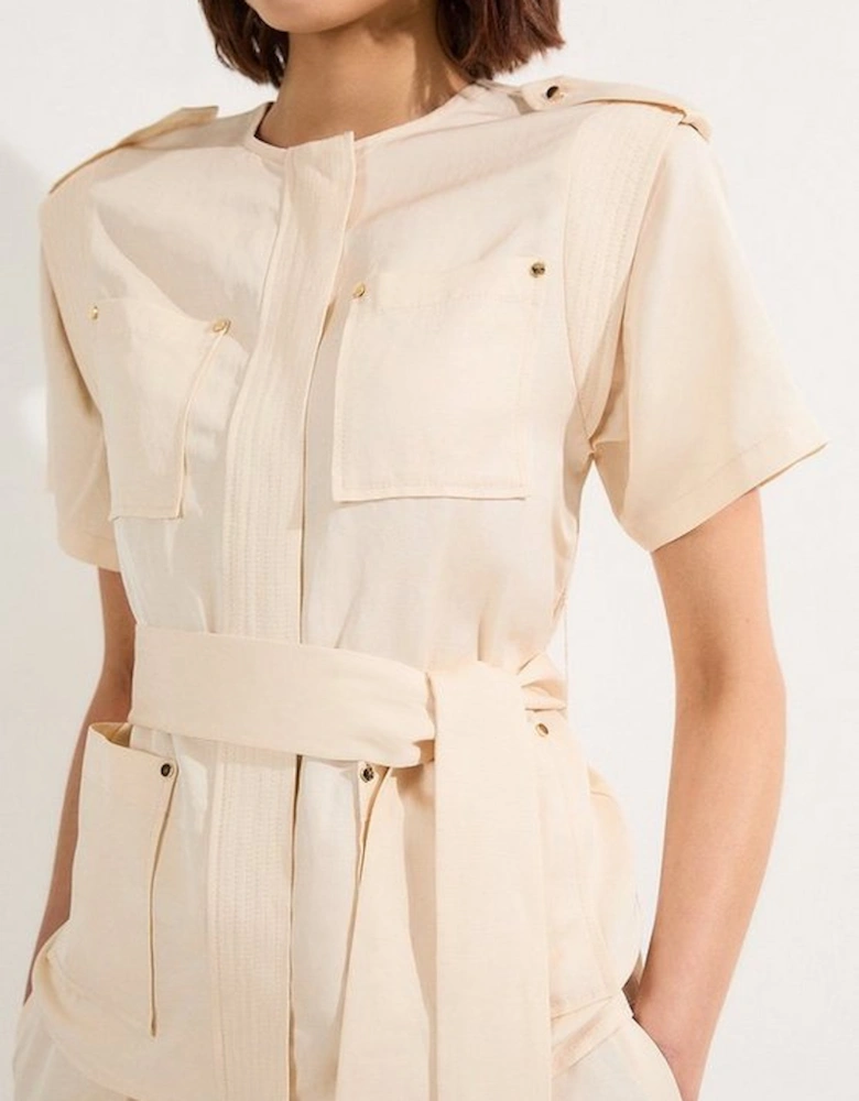 Linen Twill Top Stitch Belted Top With Gold Studs