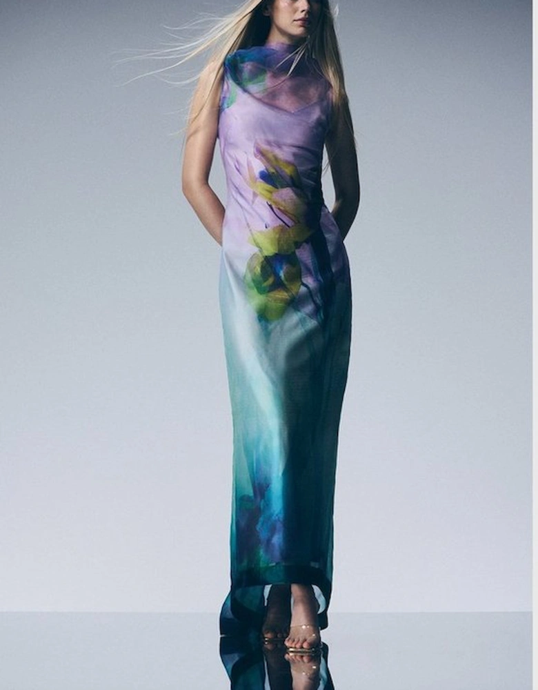 Digital Ophelia Floral Organdie High Neck Maxi Dress