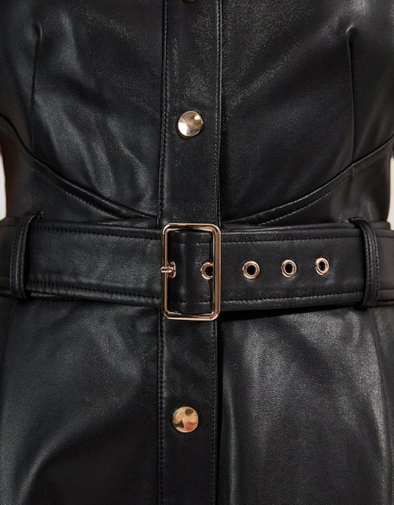 Faux Leather Belted Midi Shirt Dress
