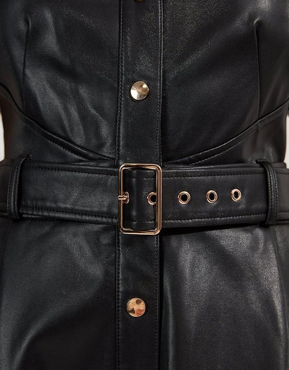 Faux Leather Belted Midi Shirt Dress