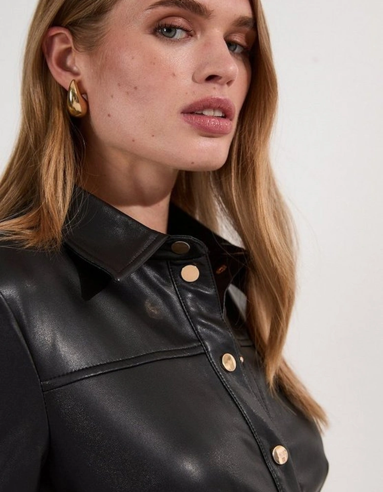 Faux Leather Belted Midi Shirt Dress