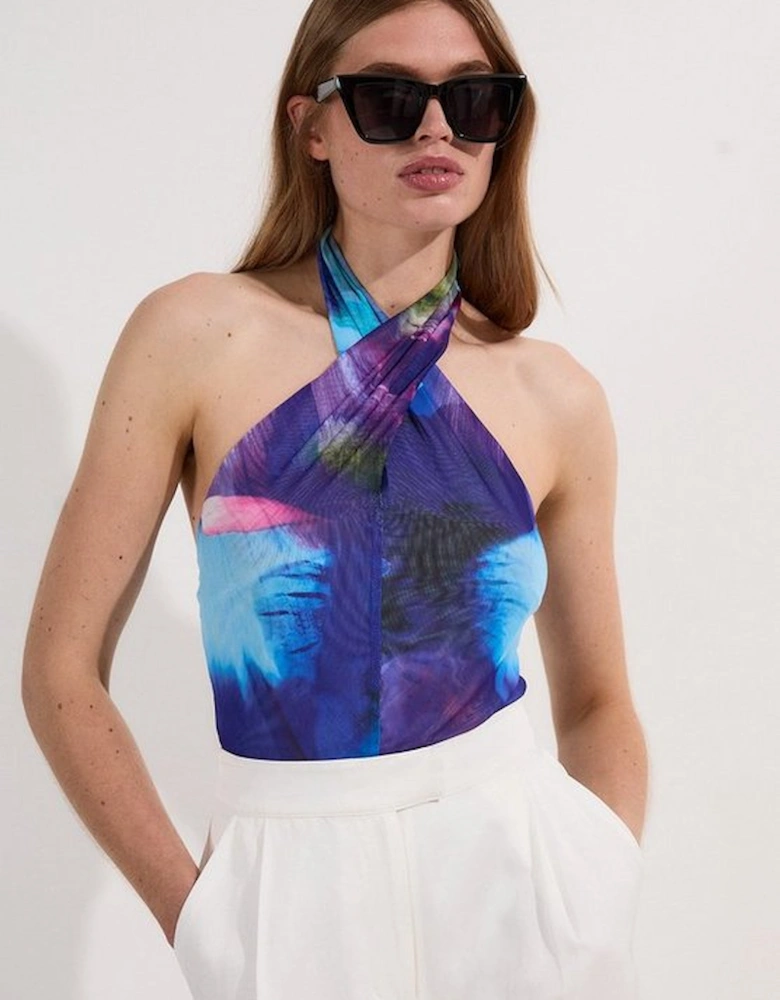 Printed Mesh Cross Neck Bodysuit