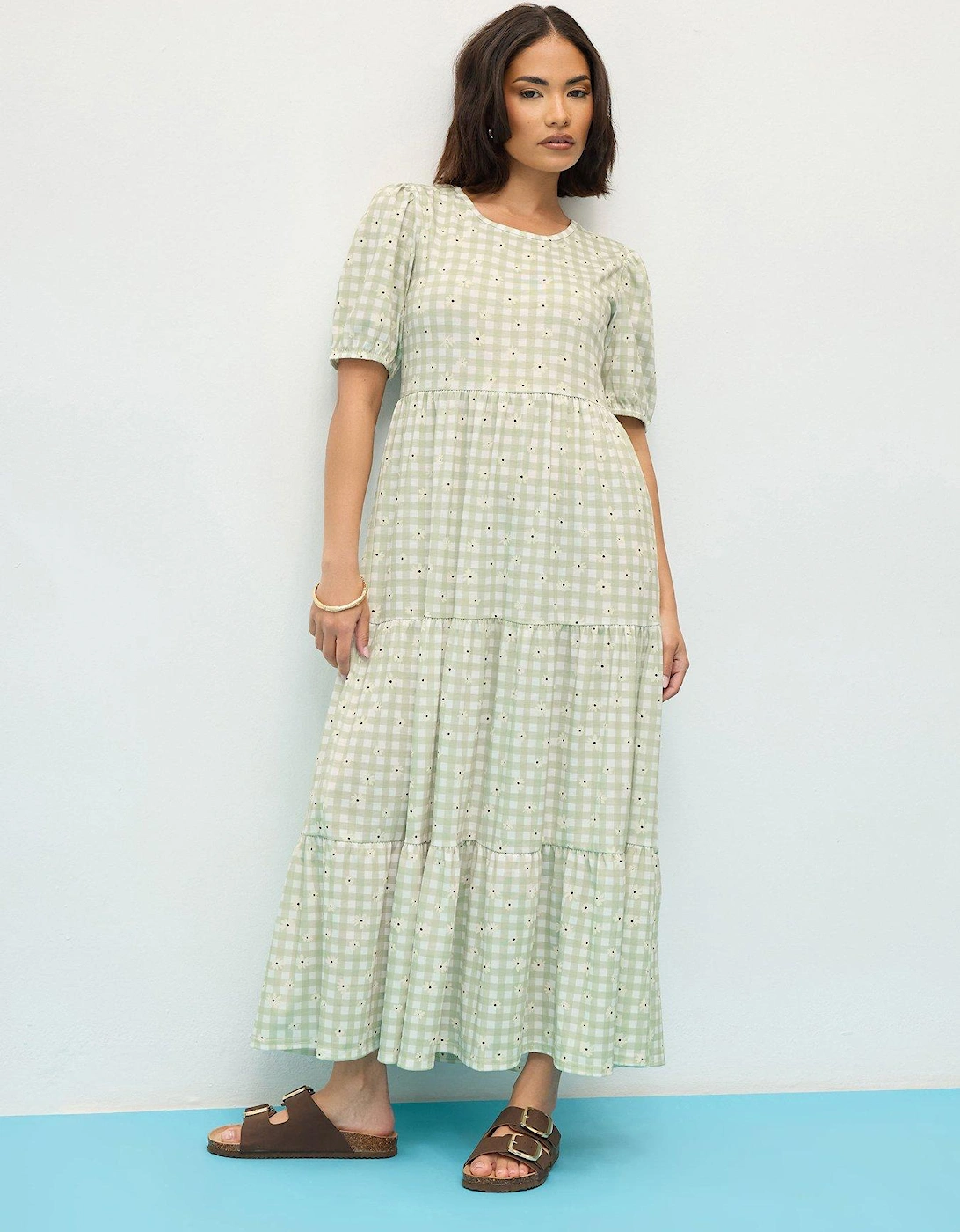 Petite Gingham Daisy Tiered Dress - Green, 2 of 1