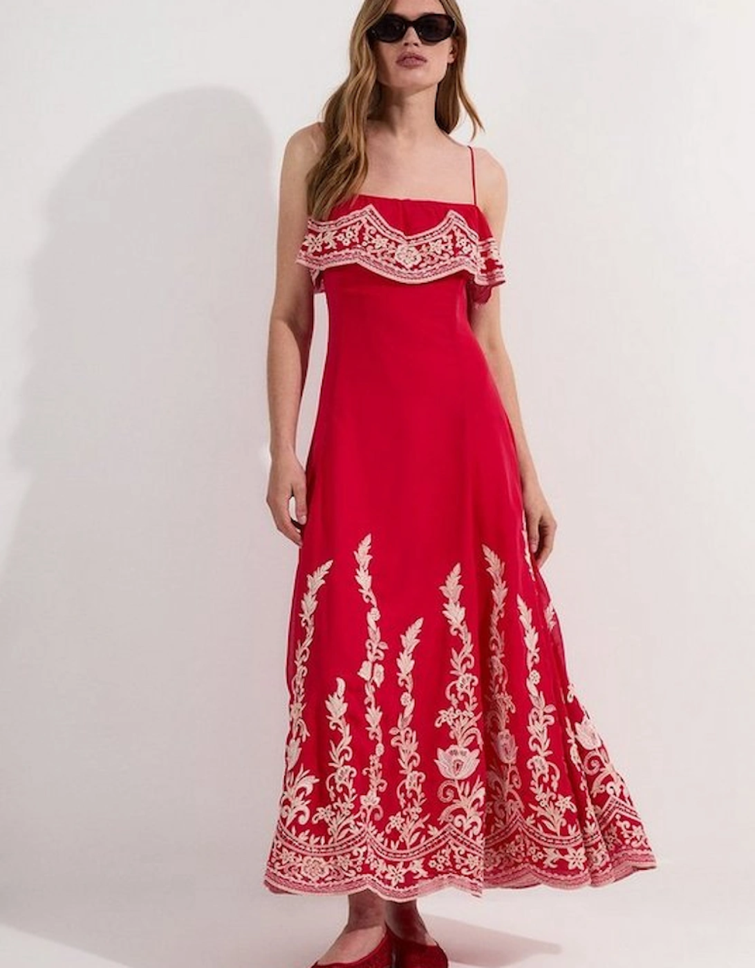 Tall Embroidered Applique Strappy Midi Dress