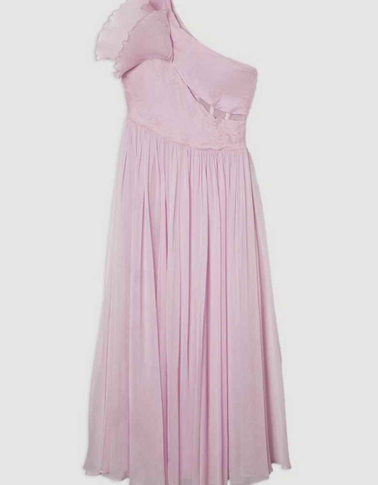 Digital Ophelia Crinkle Georgette Fine Pleated One Shoulder Woven Maxi Dress