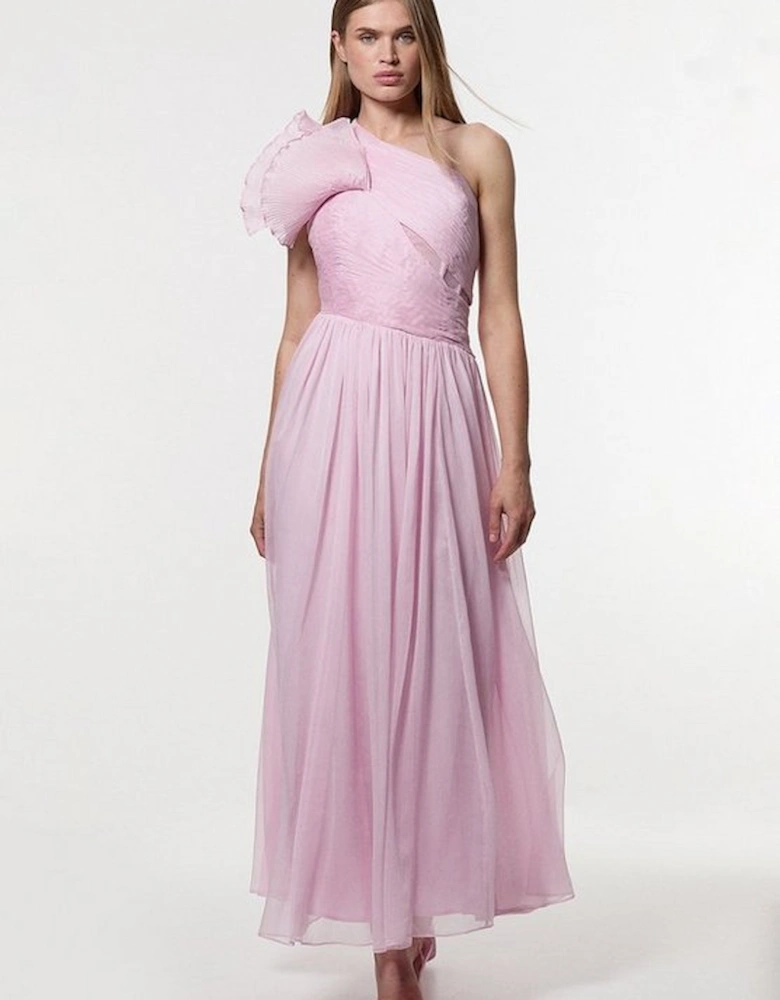 Digital Ophelia Crinkle Georgette Fine Pleated One Shoulder Woven Maxi Dress
