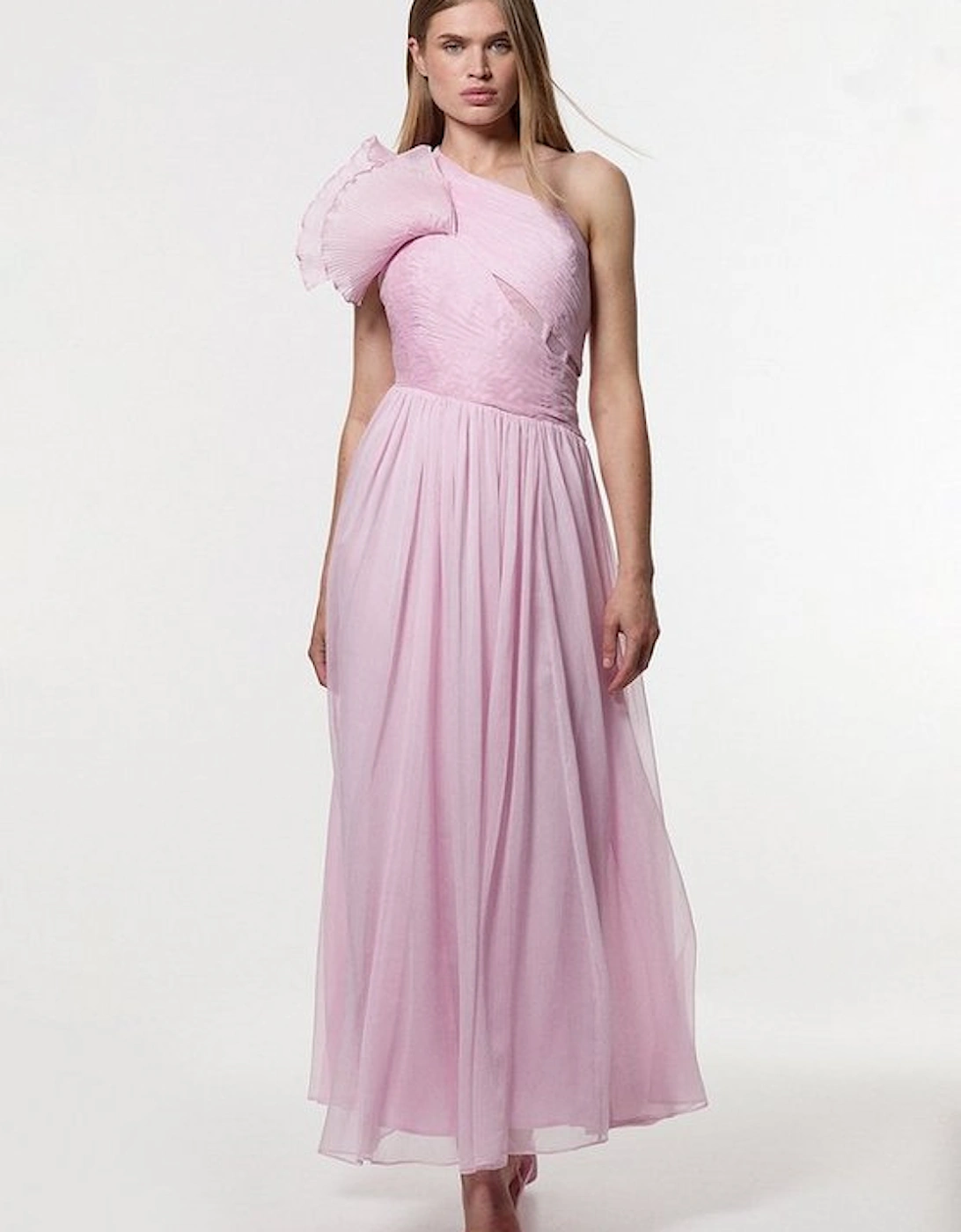 Digital Ophelia Crinkle Georgette Fine Pleated One Shoulder Woven Maxi Dress