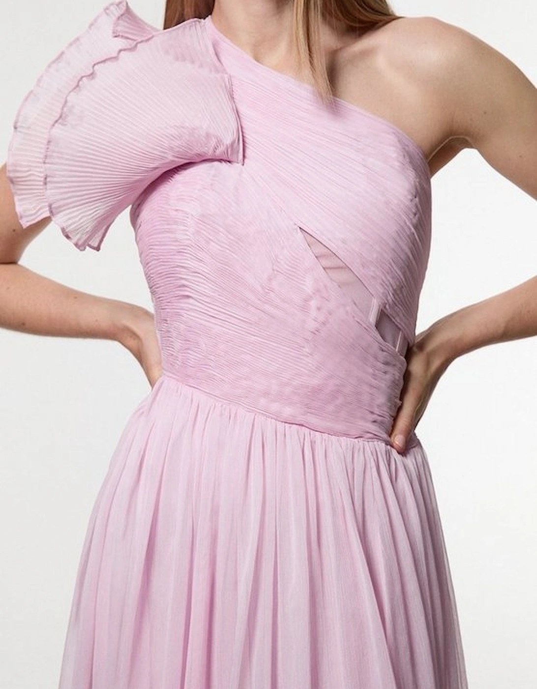 Digital Ophelia Crinkle Georgette Fine Pleated One Shoulder Woven Maxi Dress