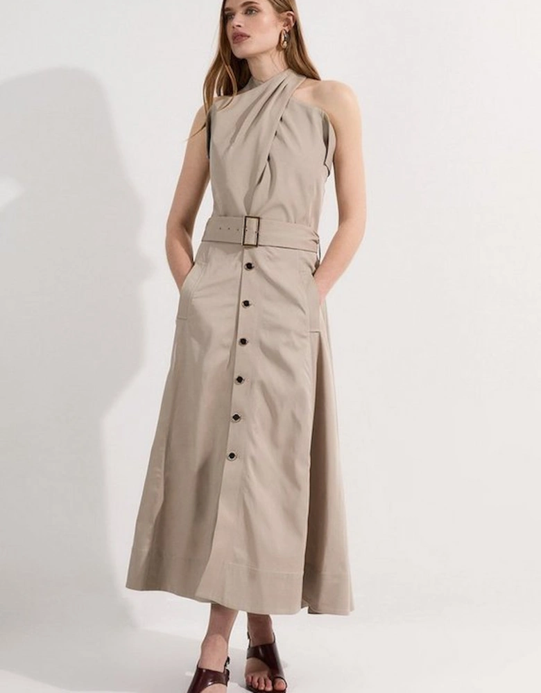 Tailored Polished Cotton Belted Halter Full Skirted Midi Dress