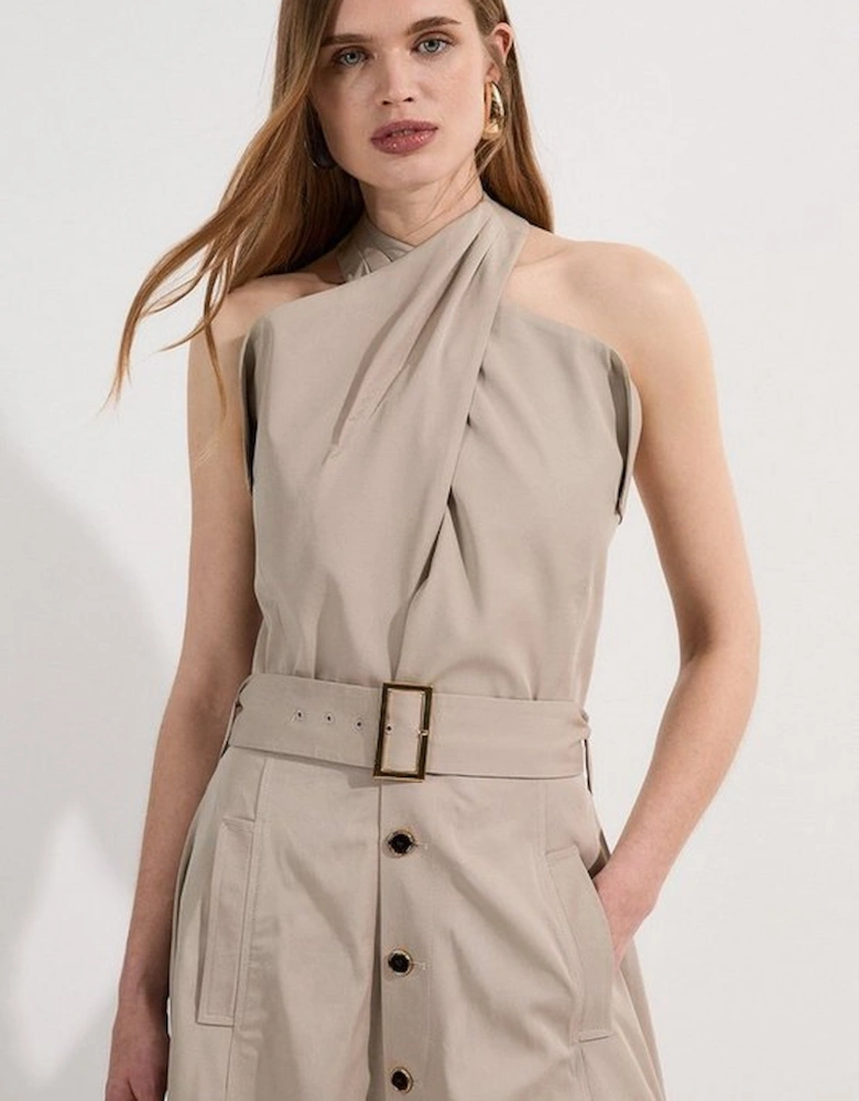 Tailored Polished Cotton Belted Halter Full Skirted Midi Dress
