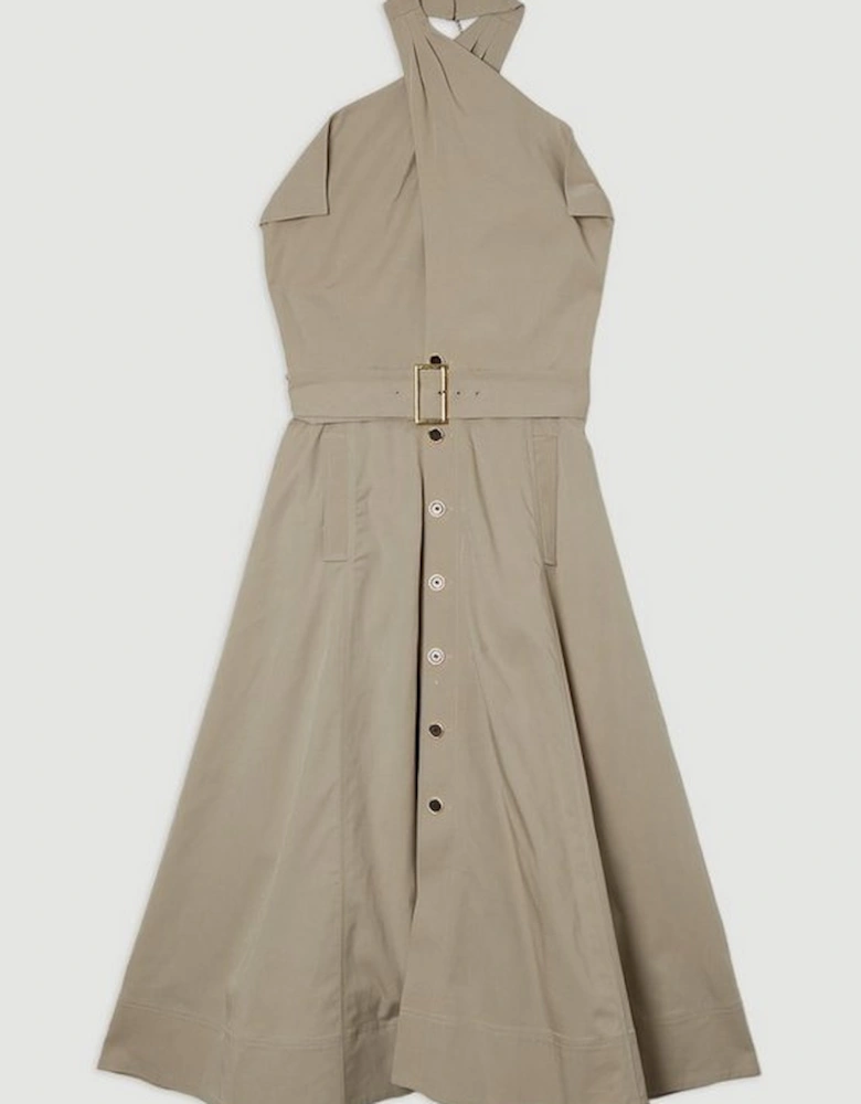 Tailored Polished Cotton Belted Halter Full Skirted Midi Dress