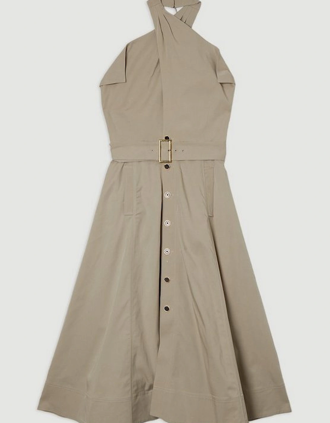 Tailored Polished Cotton Belted Halter Full Skirted Midi Dress