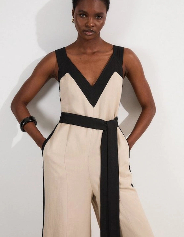 Contrast Linen Cross Back Woven Jumpsuit