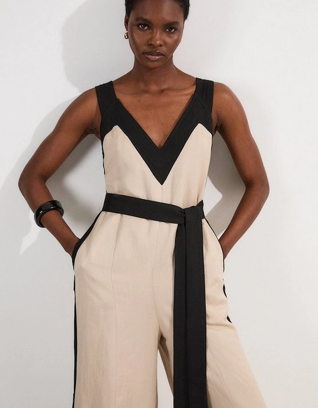 Contrast Linen Cross Back Woven Jumpsuit
