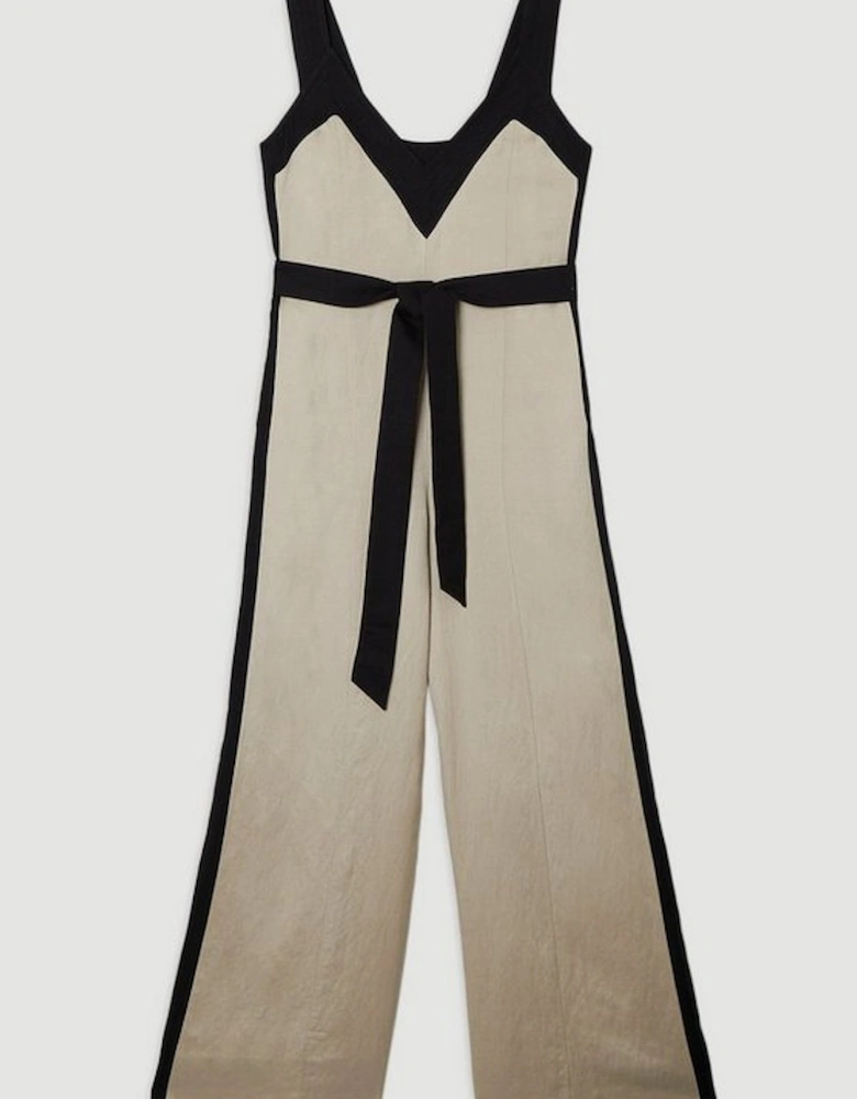 Contrast Linen Cross Back Woven Jumpsuit