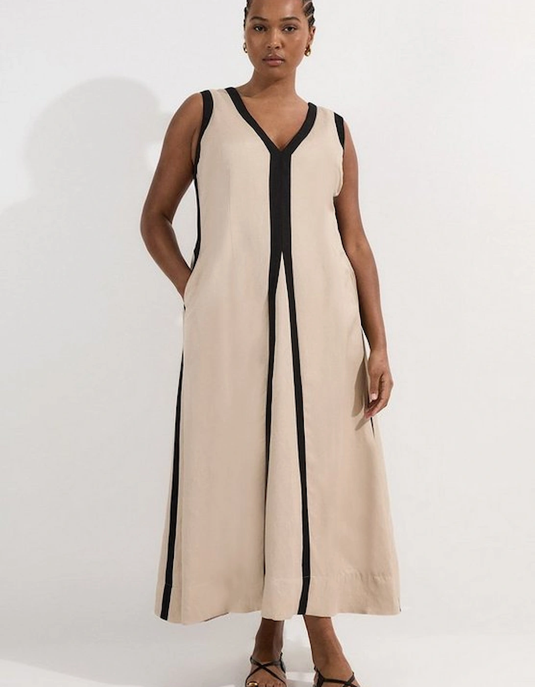 Plus Size Contrast Linen Plunge Neck Woven Maxi Dress, 5 of 4