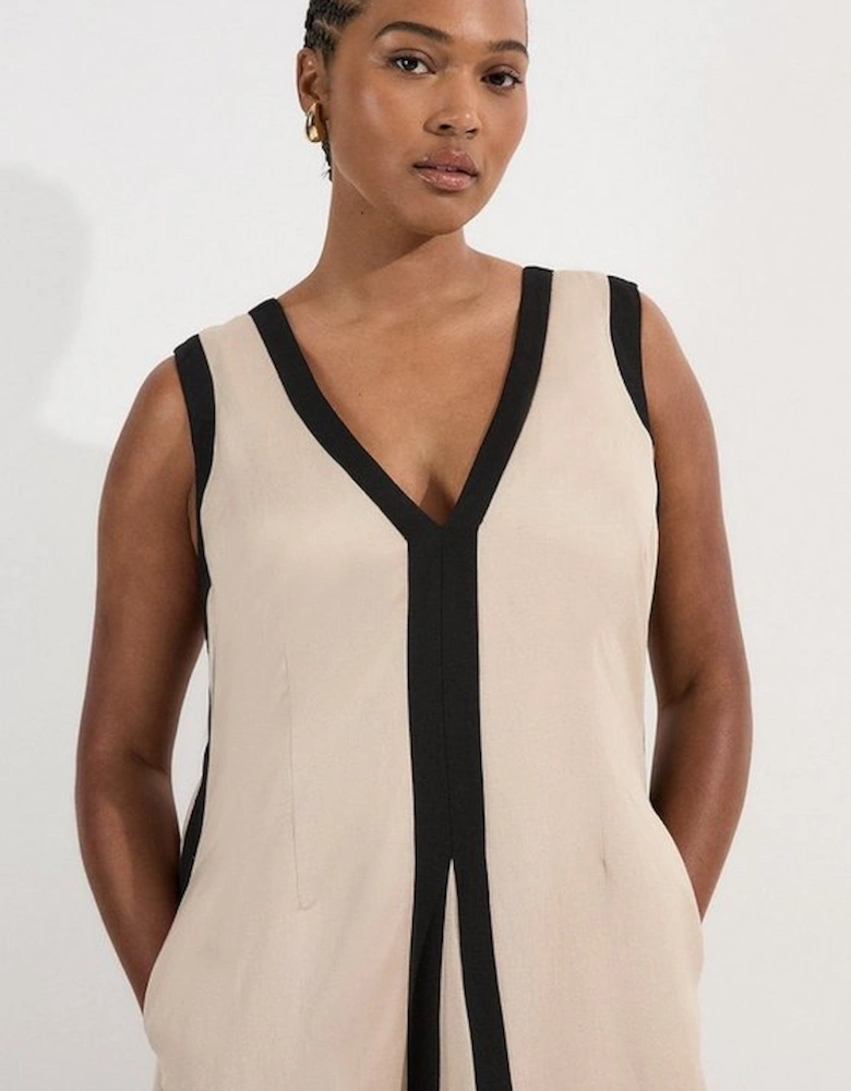 Plus Size Contrast Linen Plunge Neck Woven Maxi Dress