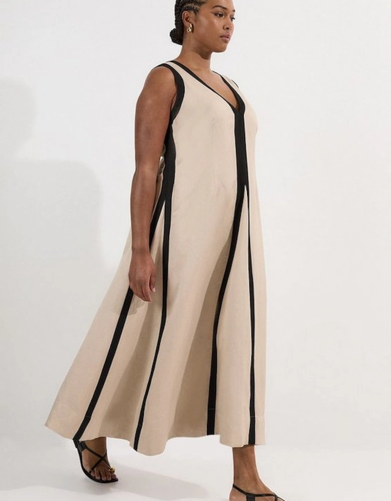 Plus Size Contrast Linen Plunge Neck Woven Maxi Dress