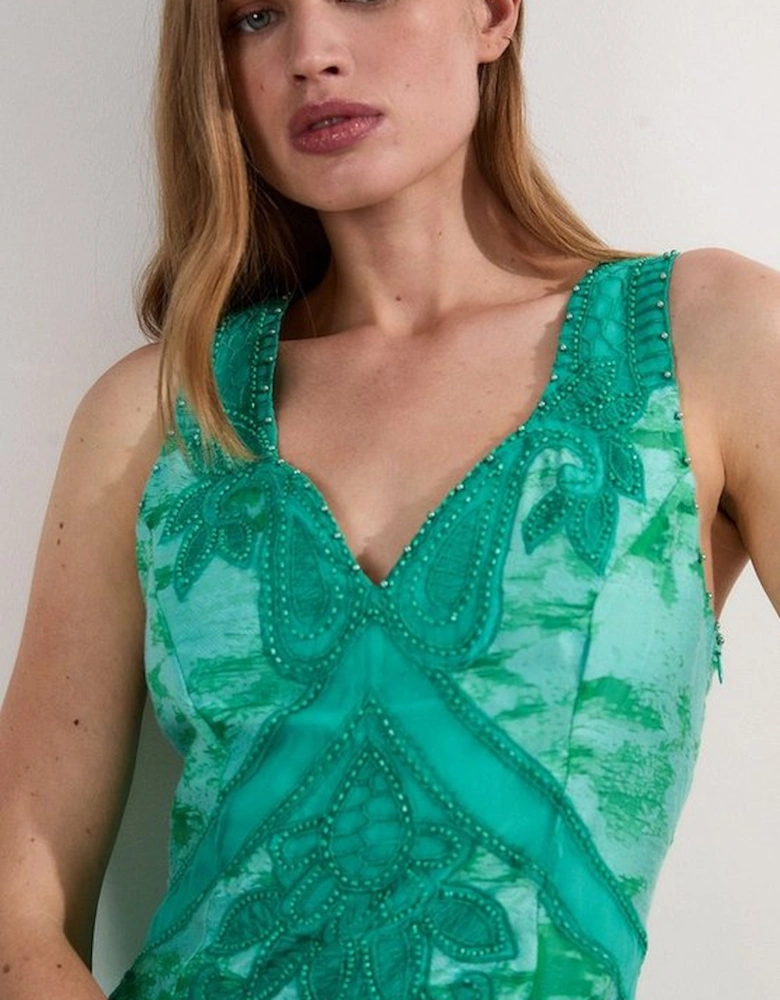 Burnout Tropical Embellished Deep V Woven Maxi Dress
