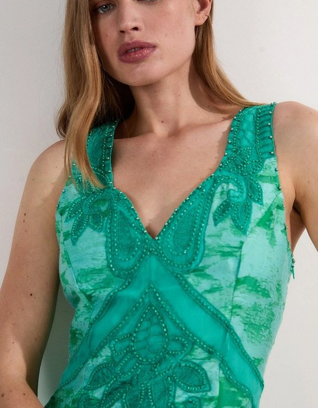 Burnout Tropical Embellished Deep V Woven Maxi Dress