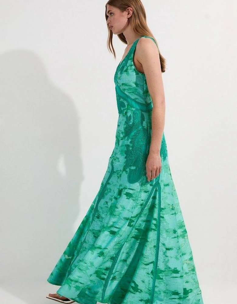 Burnout Tropical Embellished Deep V Woven Maxi Dress
