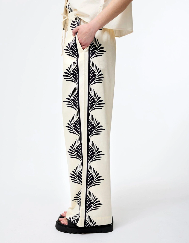 Cotton Leaf Print Wide Leg Elasticated Full Length Trousers