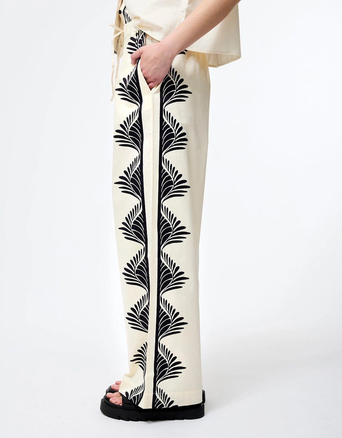 Cotton Leaf Print Wide Leg Elasticated Full Length Trousers, 2 of 1