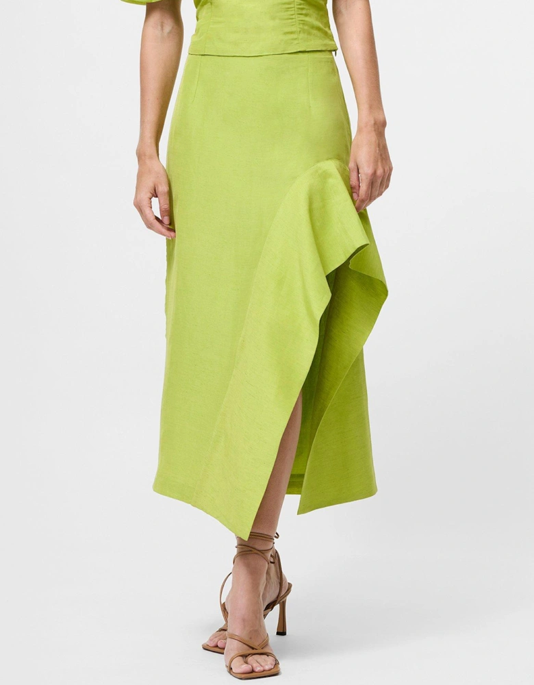 Linen Blend Frill Hem Split Midi Skirt