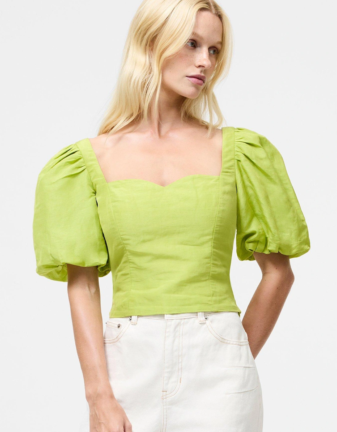 Linen Blend Puff Sleeve Sweetheart Neck Crop Top, 2 of 1