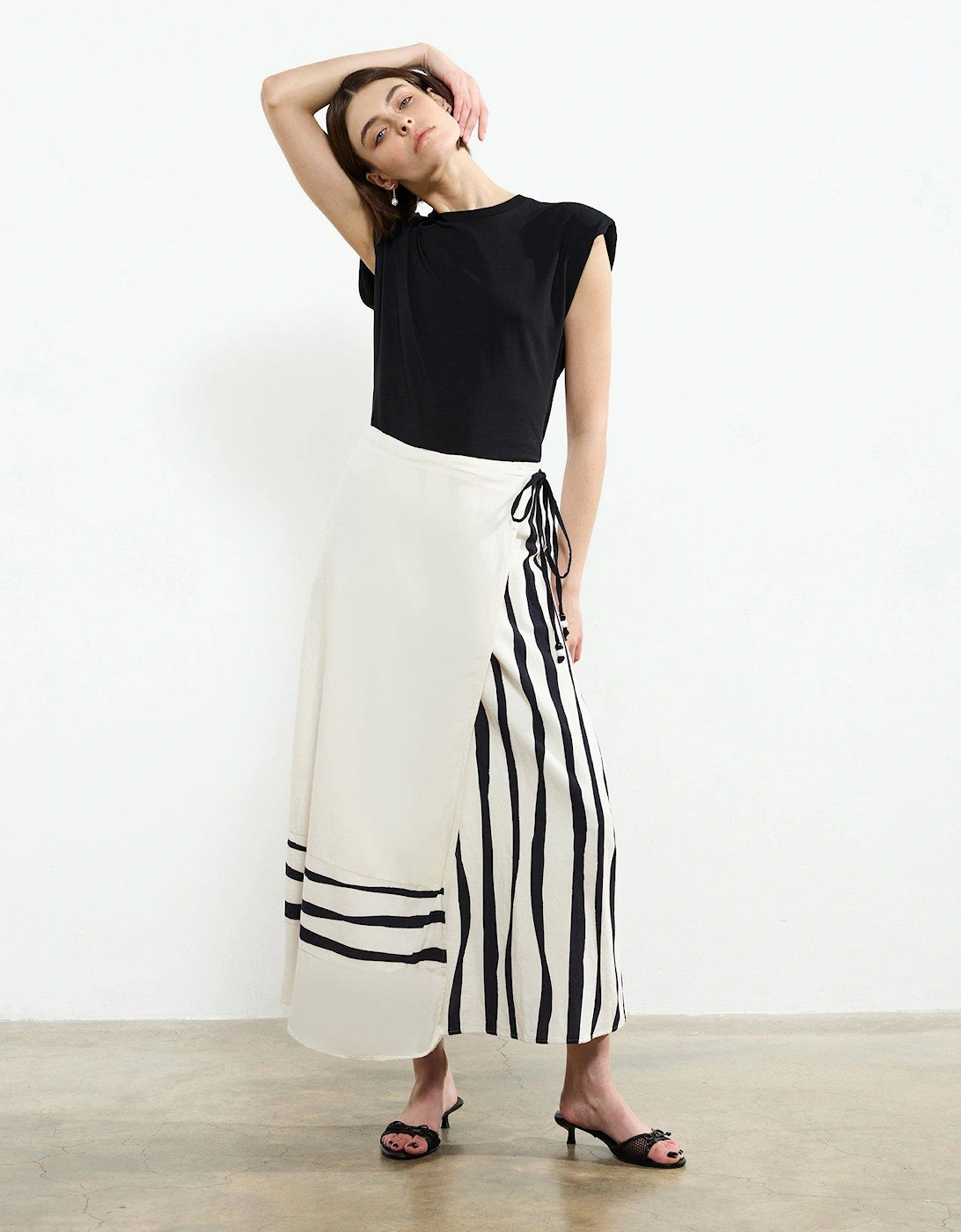 Cotton Blend Maxi Striped Wrap Tie Waist Floaty Skirt - Multi, 2 of 1