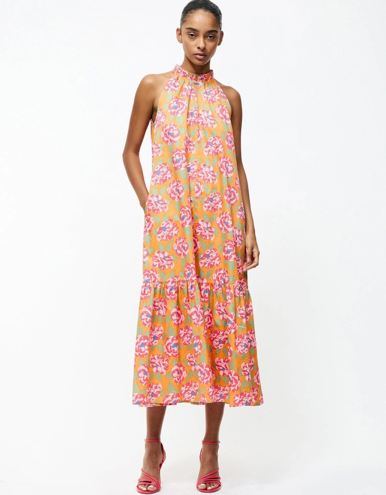 Floral Print Keyhole Halterneck Frill Midi Dress