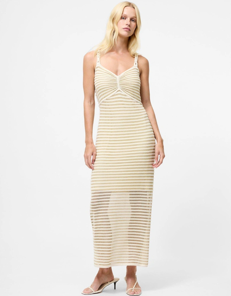 Cotton Stripe Ruched Chest Braided Straps Midi Dress