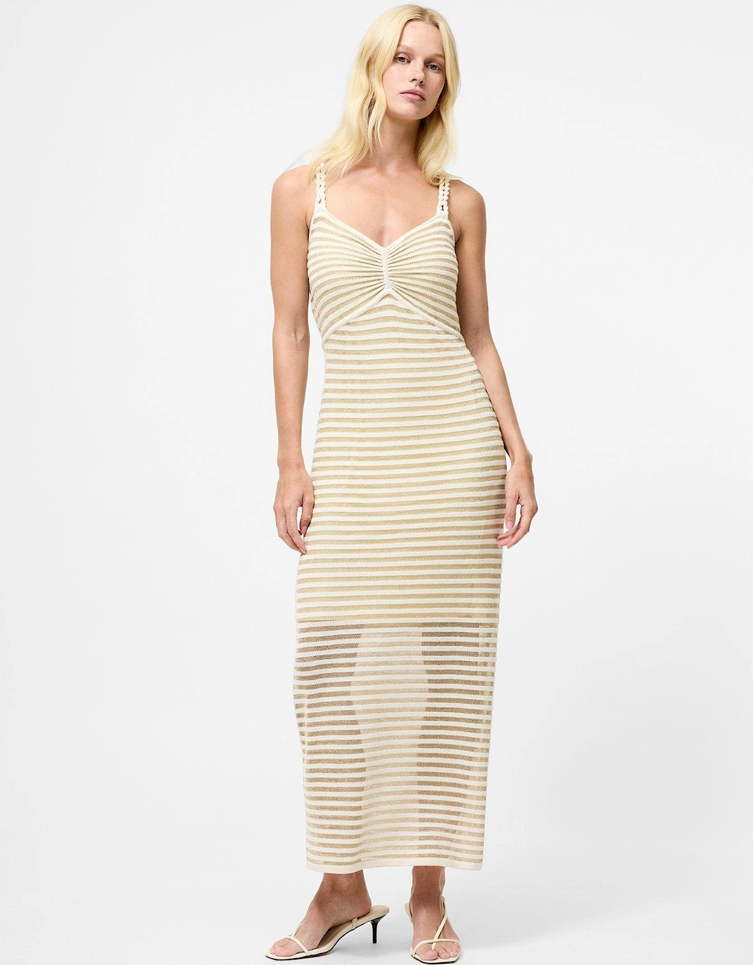 Cotton Stripe Ruched Chest Braided Straps Midi Dress, 2 of 1