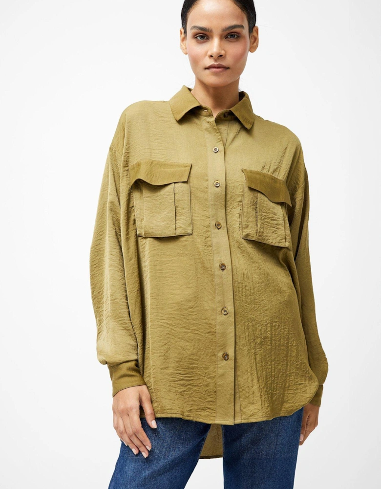 Crinkle Satin Long Sleeve Relaxed Fit Button-up Shirt