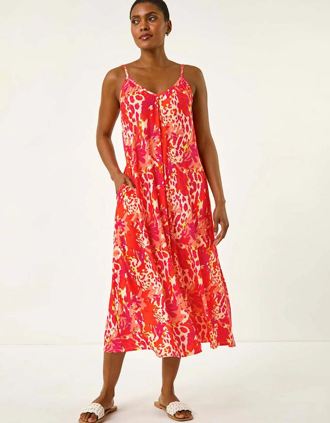 Abstract Print Swing Midi Stretch Dress - Orange, 2 of 1