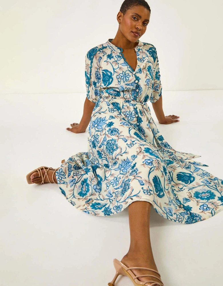 Floral Print Midi Shirt Dress - Blue