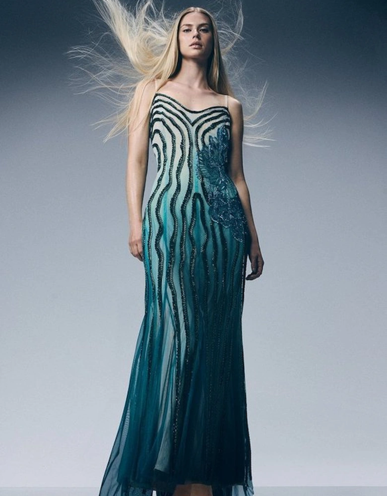 Digital Ophelia Ombre Beaded Strapless Woven Maxi Dress