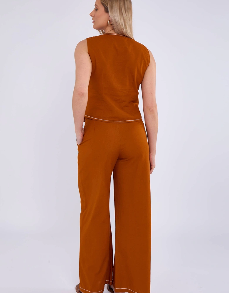 Rust Contrast Embroidery Stitch Detail Trouser