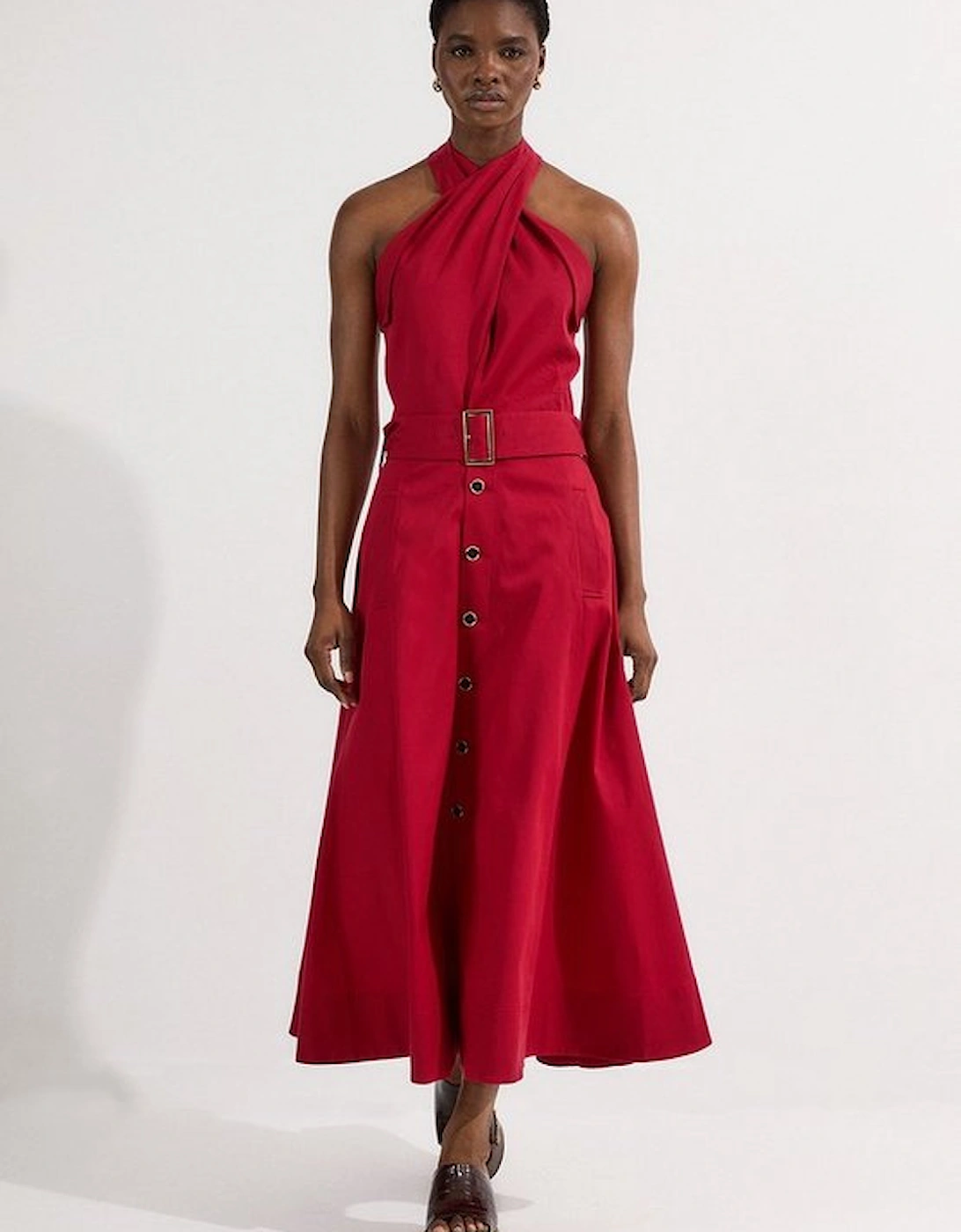 Tailored Polished Cotton Belted Halter Full Skirted Midi Dress, 5 of 4