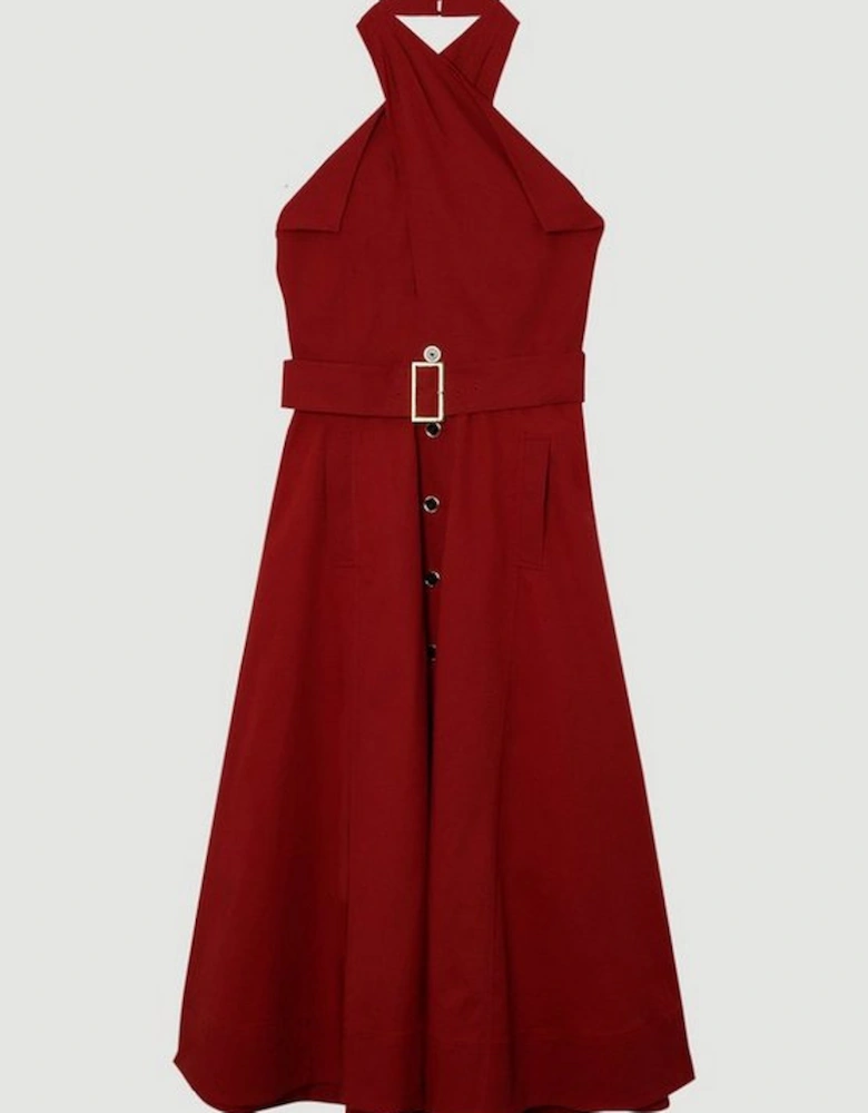 Tailored Polished Cotton Belted Halter Full Skirted Midi Dress