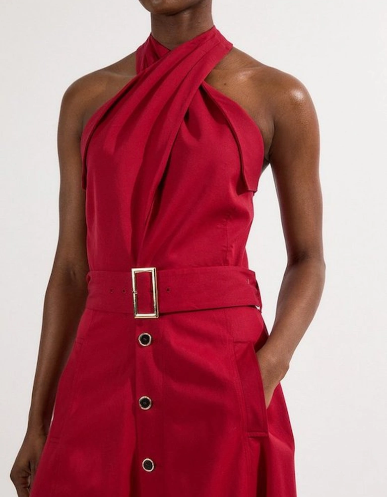 Tailored Polished Cotton Belted Halter Full Skirted Midi Dress