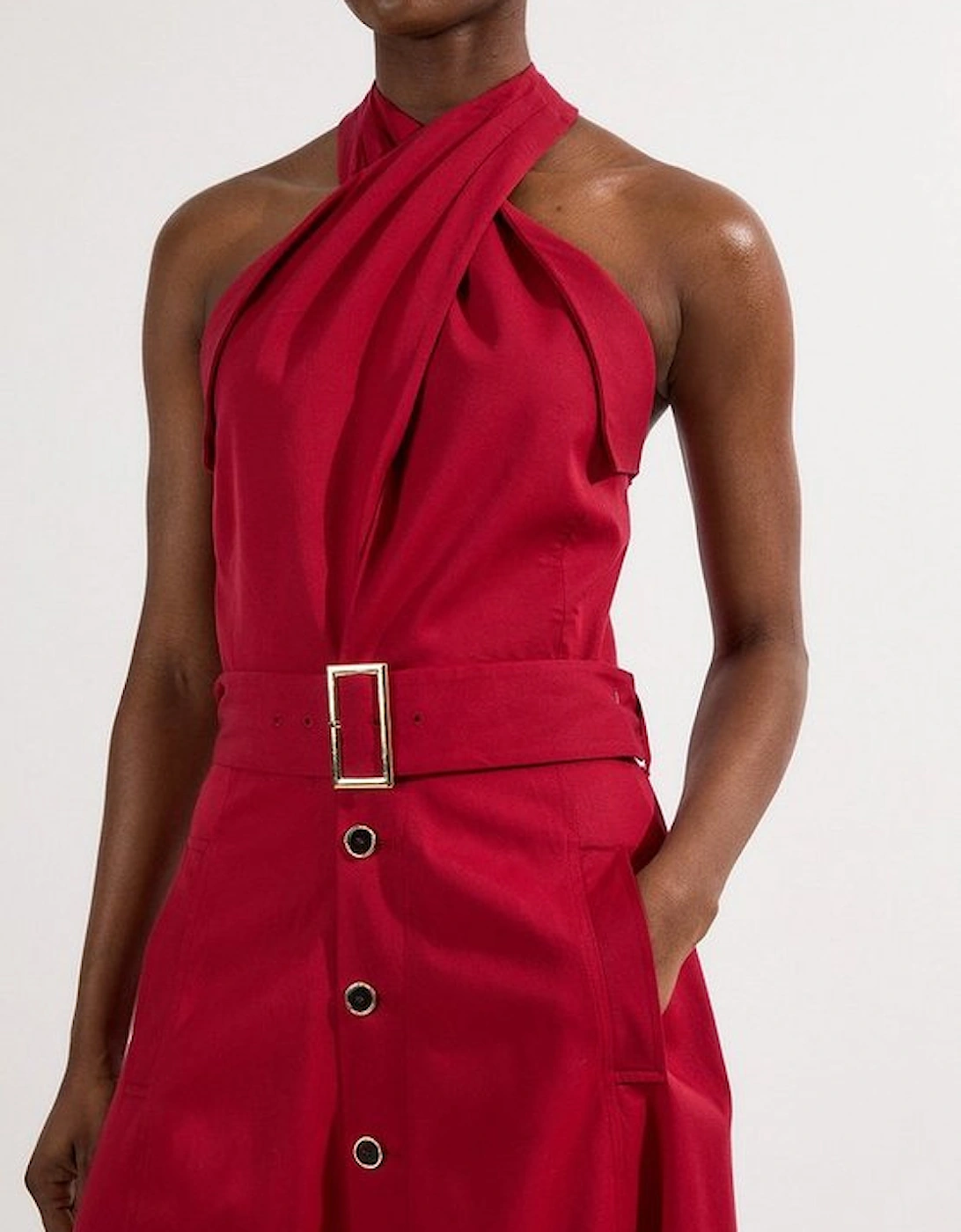 Tailored Polished Cotton Belted Halter Full Skirted Midi Dress