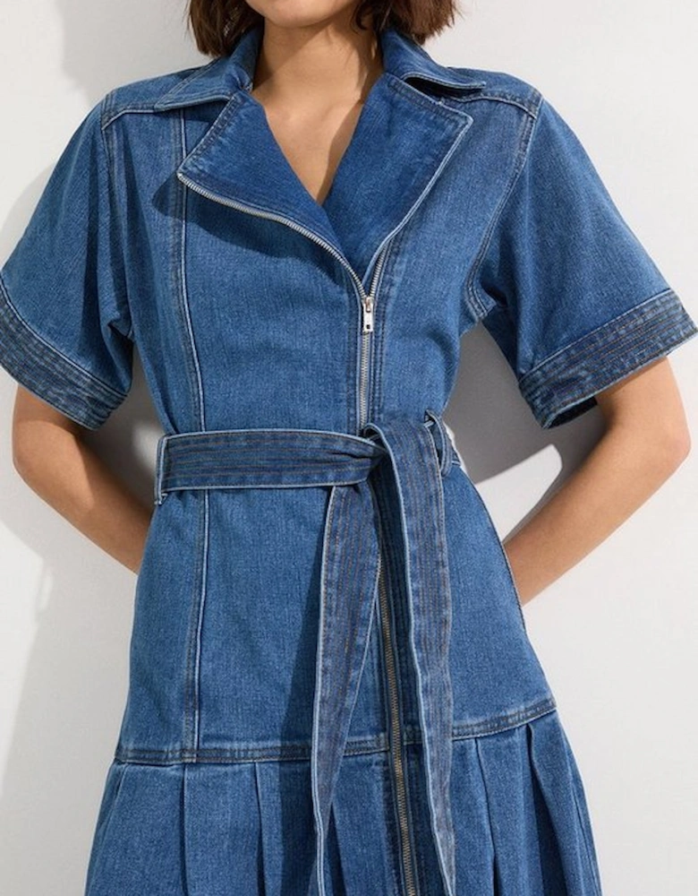 Denim Pleated Hem Biker Dress